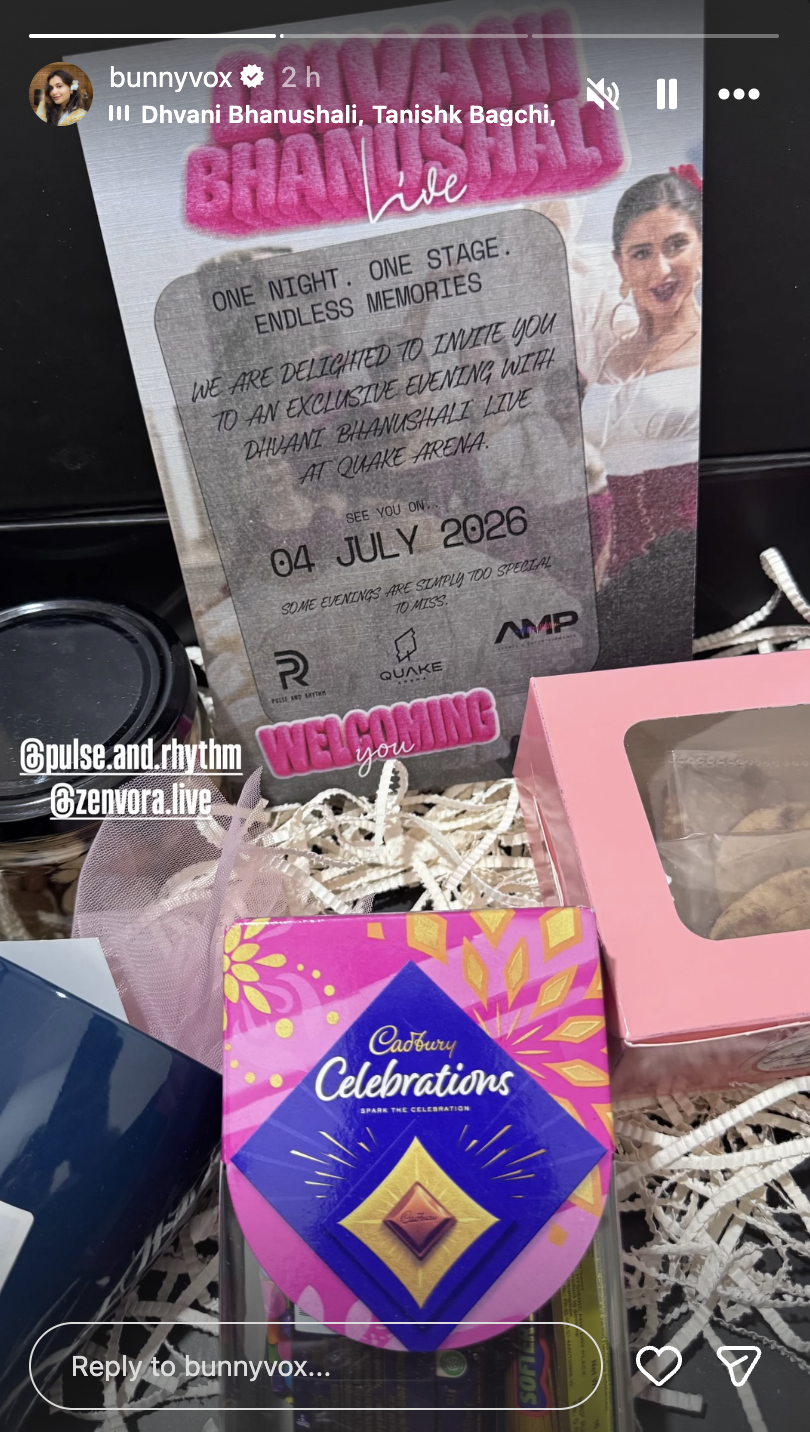 Instagram story from @bunnyvox unboxing a gift hamper sent by the Zenvora team
