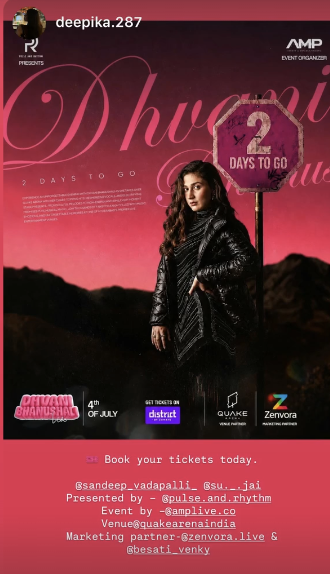 Instagram story from @deepika.287 reposting the countdown poster for the concert