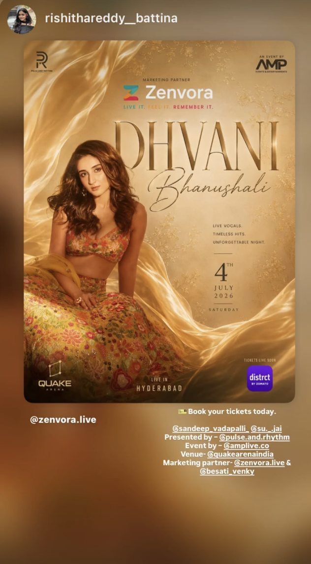 Instagram story from @rishithareddy__battina resharing the official Dhvani Bhanushali poster and tagging Zenvora