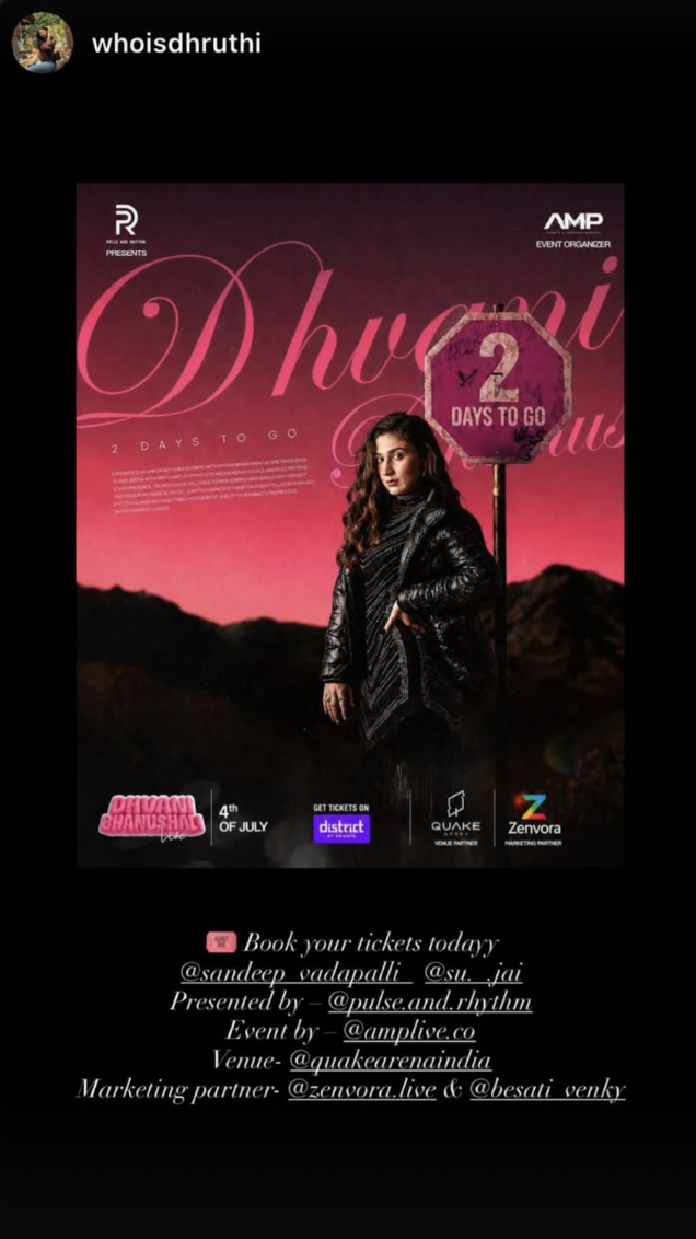 Instagram story from @whoisdhruthi reposting the countdown poster for the concert