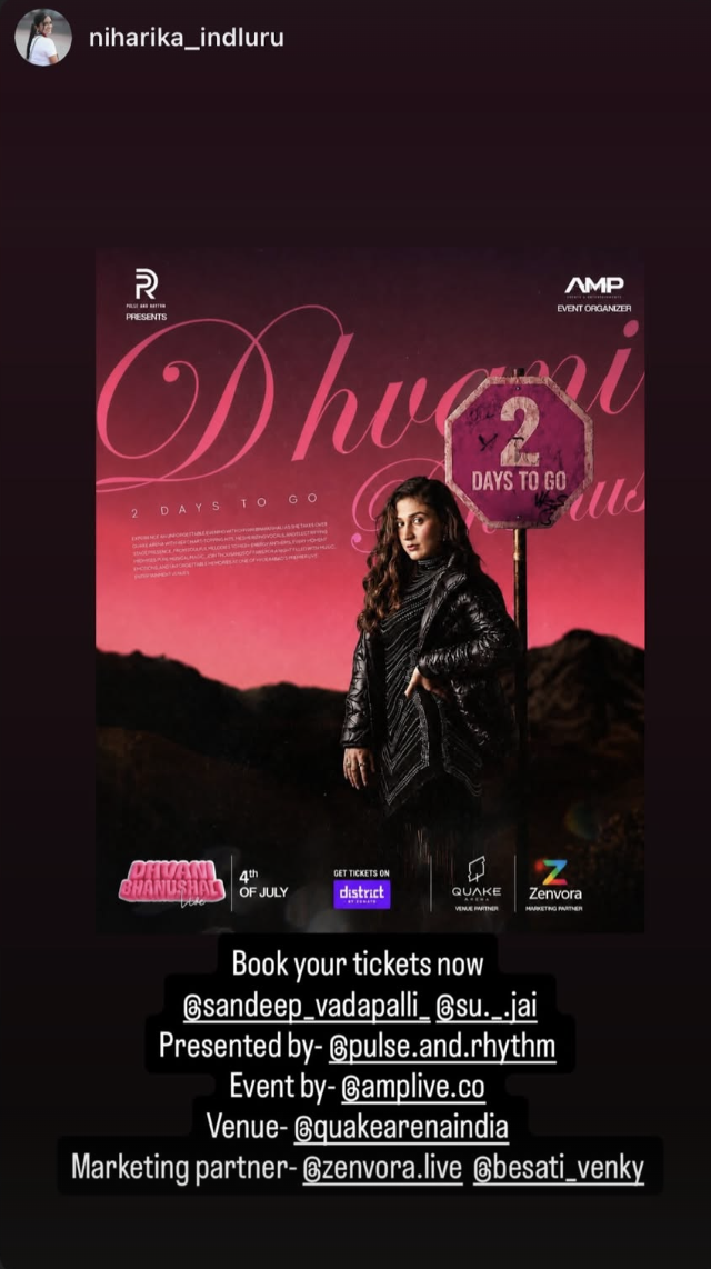 Instagram story from @niharika_indluru reposting the countdown poster for the concert